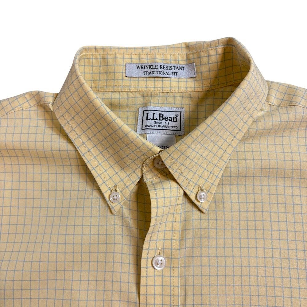 LLBean Traditional Fit Gingham Yellow BlueShort Sleeve Button Down Shirt M